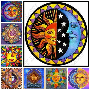 Celoten Kvadratni / Krog Diamond Slikarstvo Sun Moon Mandala Diamond Vezenje Kristalno Mozaik Vzorec Okrasnih Navzkrižno Šiv Obrti