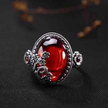čisto srebro granatno jabolko rdeče chalcedony retro slive luksuzni aristokratsko divja ženska odpiranje prstan nastavljiv
