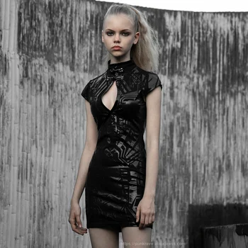PUNK RAVE ženski Gothic Cyber Prerok Temno Parceli Telo Futuristično Obleko Punk Lep Pu Usnje Stopnji Uspešnosti Kratka Obleka