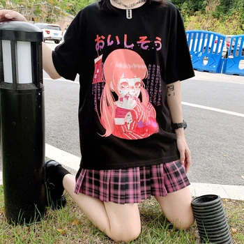Ženske Bombaža T-srajce Harajuku Japonski Anime Risanke Kpop Ropa Mujer Vrhovi Letnik Oversize Kratek Rokav Dropshipping Black Tees