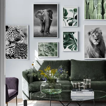 Lev, Slon, Leopard Nordijska Letnik Plakat Zelenih Rastlin Wall Art Natisne Platno Slikarstvo Monstera Dekor Slike Za Dnevno Sobo