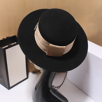 Elegantno velik črn klobuk big robna fedora klobuk volne klobučevine pokrivalo ženske lok Panamski slamnik Avstralija dame klobuk jeseni priložnostne volne klobuk
