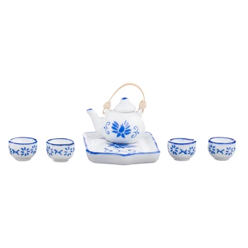 Lutka Hiša Miniaturni 1:12, Kuhinjo, Jedilnico Porcelaine Čaj Nastavite Modra Cvetlični
