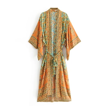 Happie Queens ženske tiskanja bat rokav plaži Bohemian obleke Kimono Ženske V vratu Tassel Poletje Boho obleko vestidos